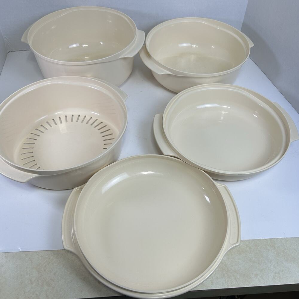 VTG TUPPERWARE 5pc Microwave Stack Cooker 3qt strainer lid almond bowl casserole